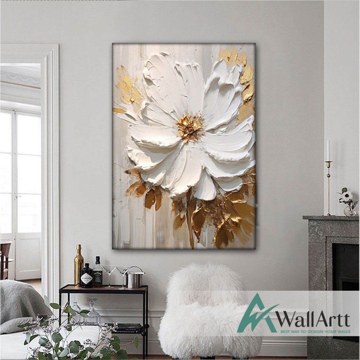 Cream White Flowers with Gold II 3d Heavy Textured Partial Oil Painting